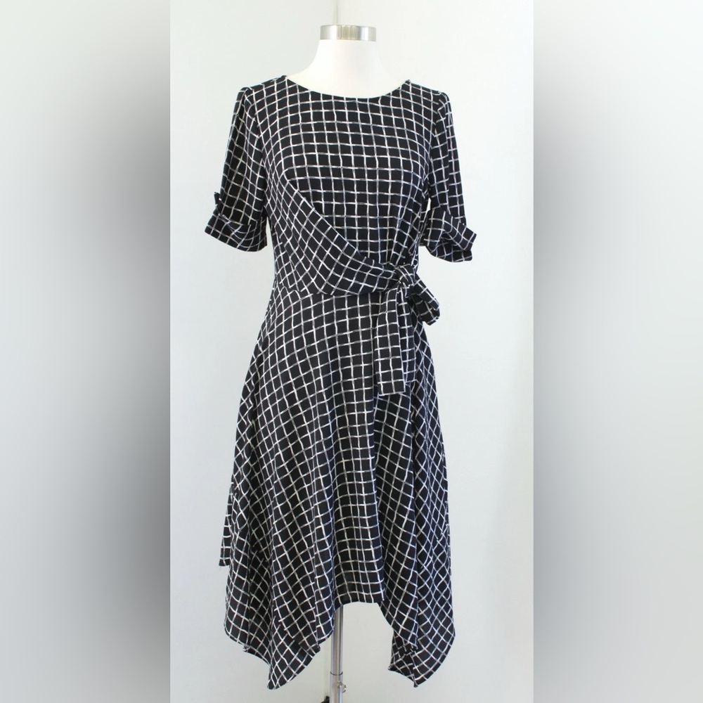 Anthropologie Black and White Grid Asymmetrical Tie-Waist Dress